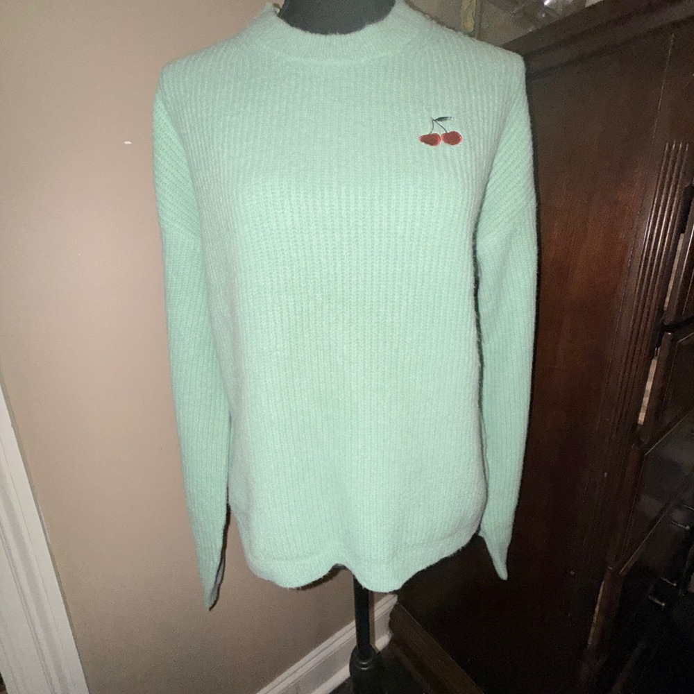 A New Day Cherry Embroidered Ribbed Sweater Womens S Mint Green NEW Fuzzy Knit